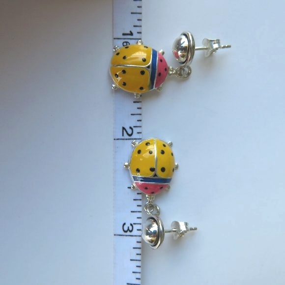 Super Cute Sterling Silver Enamel LADYBUG Earrings - Picture 12 of 13